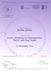 Level 1 Cert in Communication Tactics with Deaf People certificate
