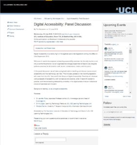 Poster advertising the UCL/IOE Digital Accessibility Panel Discussion on thew 10th July 2019